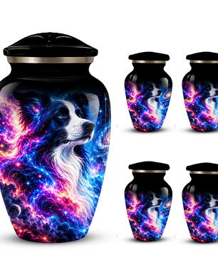 Cosmic Border Collie Cremation Urn for Adult Ashes, Black and White Dog Memorial Urn with Glowing Blue Pink Galaxy and Celestial Stars Artwork