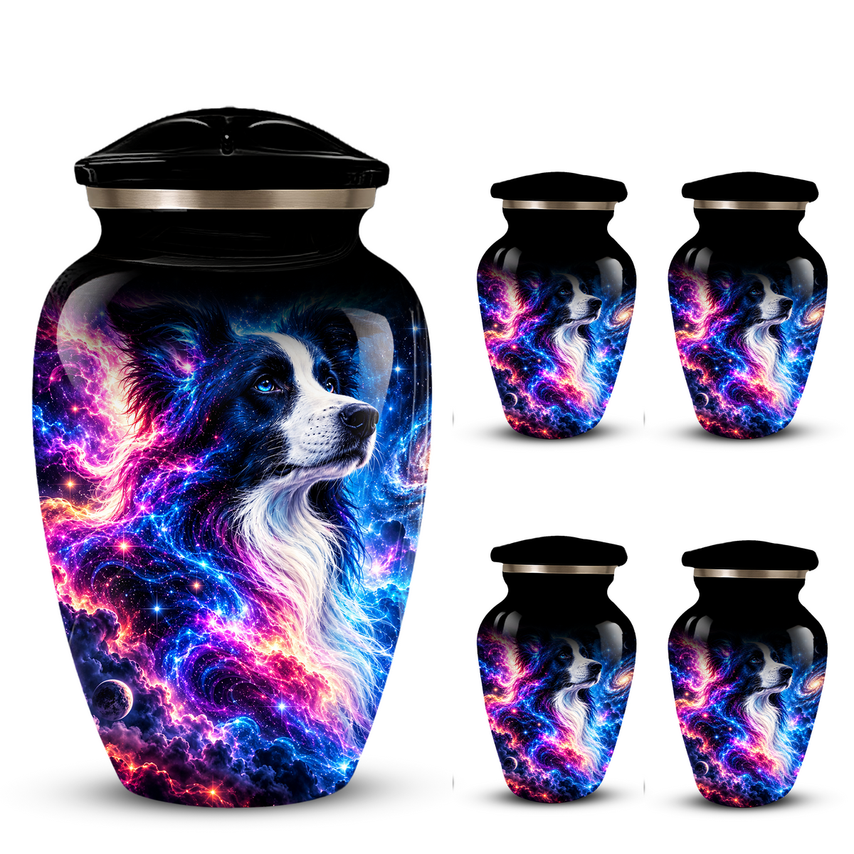 Cosmic Border Collie Cremation Urn for Adult Ashes, Black and White Dog Memorial Urn with Glowing Blue Pink Galaxy and Celestial Stars Artwork