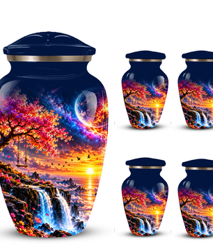 Personalized Adult Cremation Urn for Ashes, Custom Memorial Urn, Fantasy Sunset Waterfall and Cherry Blossom Design