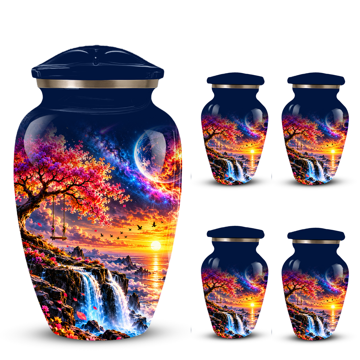 Personalized Adult Cremation Urn for Ashes, Custom Memorial Urn, Fantasy Sunset Waterfall and Cherry Blossom Design
