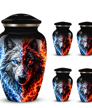 Personalized Adult Cremation Urn for Ashes, Custom Wolf Memorial Urn, Blue and Fire Red Dual Wolf Artwork