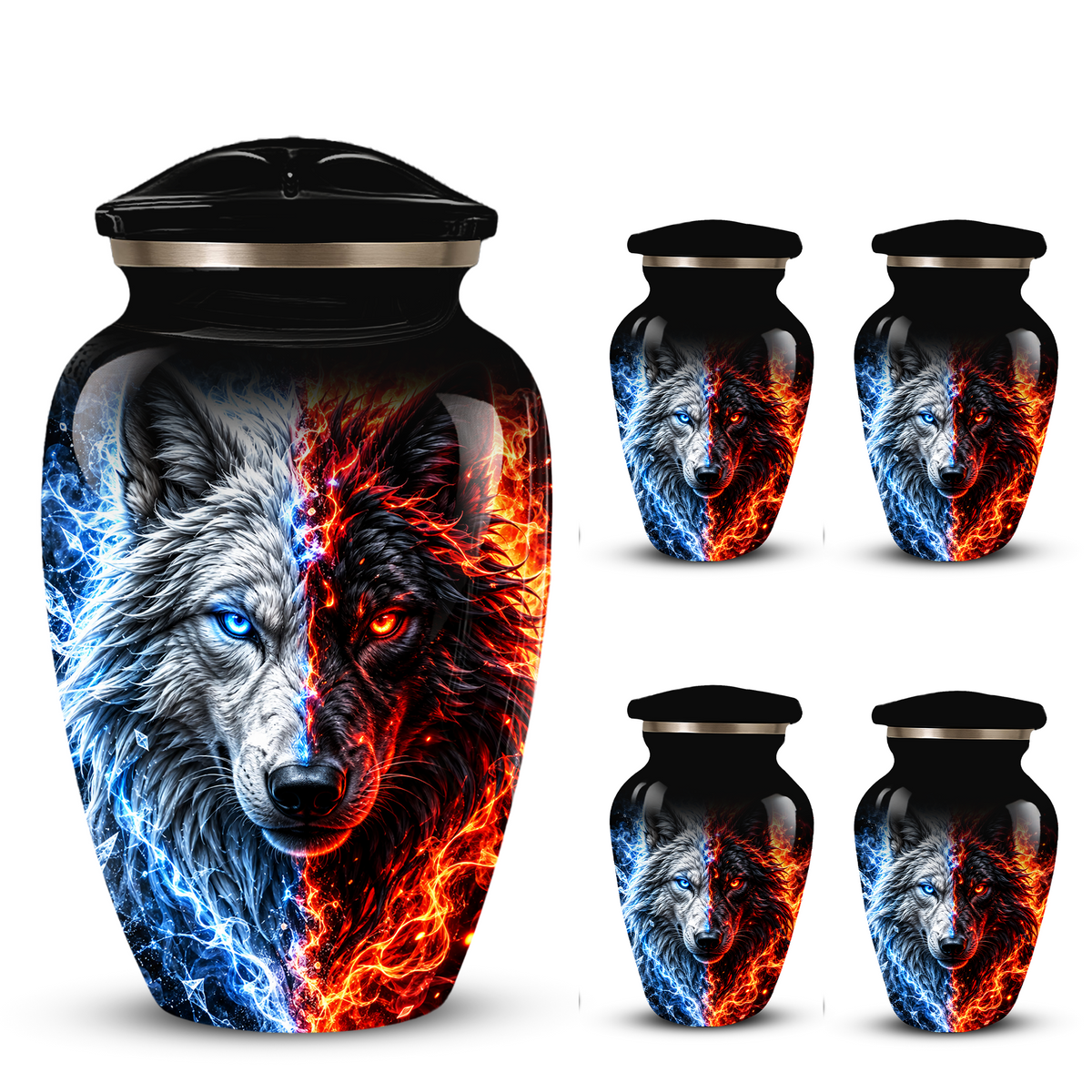 Personalized Adult Cremation Urn for Ashes, Custom Wolf Memorial Urn, Blue and Fire Red Dual Wolf Artwork