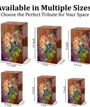Green Hummingbird Wooden Cremation Urn – Floral Memorial Wooden Urn for Human Ashes
