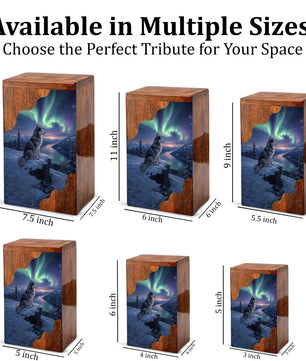 Wolf Wooden Cremation Urn – Northern Lights Memorial Urn | Custom Wooden Urn for Human Ashes