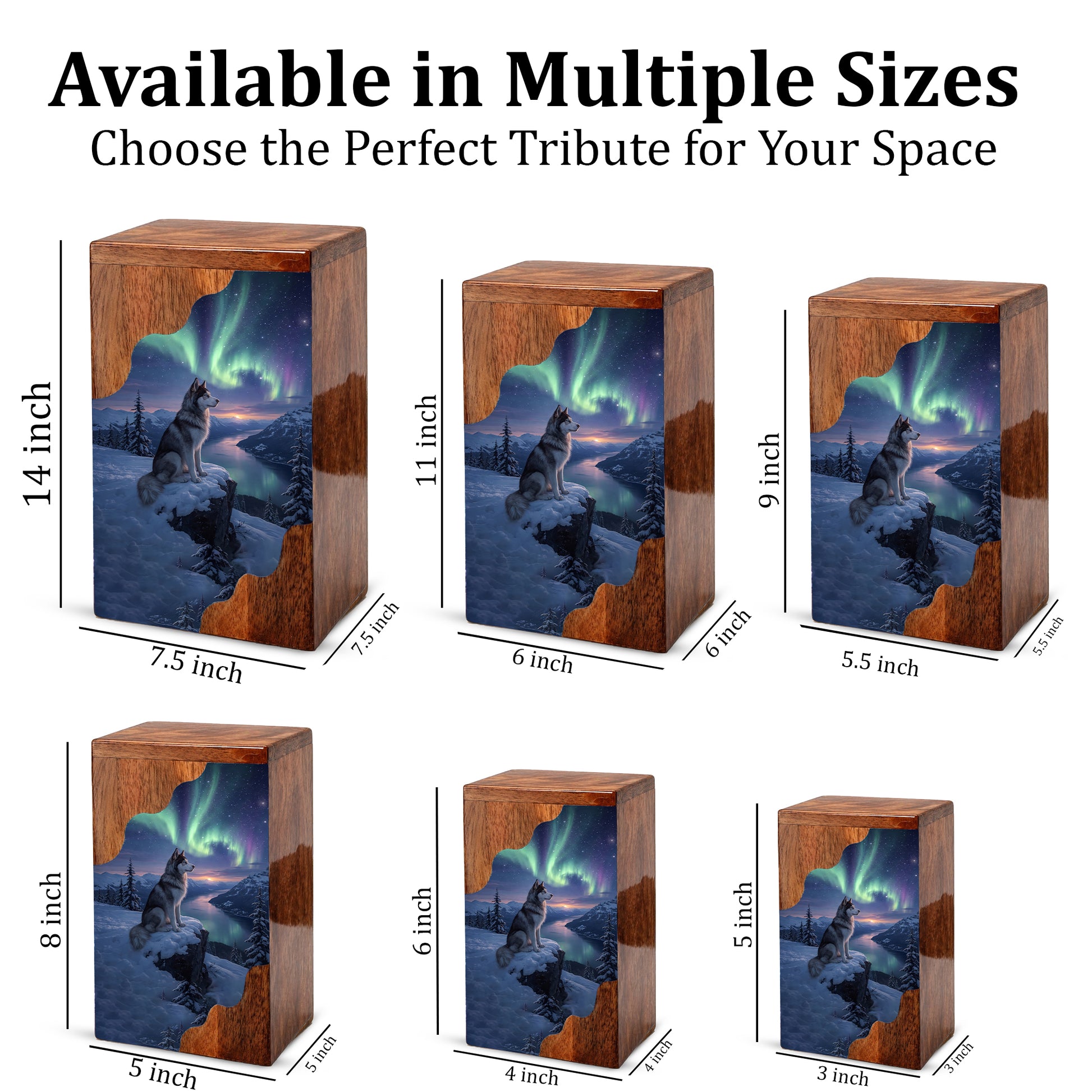 Wolf Wooden Cremation Urn – Northern Lights Memorial Urn | Custom Wooden Urn for Human Ashes