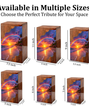 Beach Wooden Cremation Urn for Human Ashes | Rainbow Ocean Sunset Memorial Urn