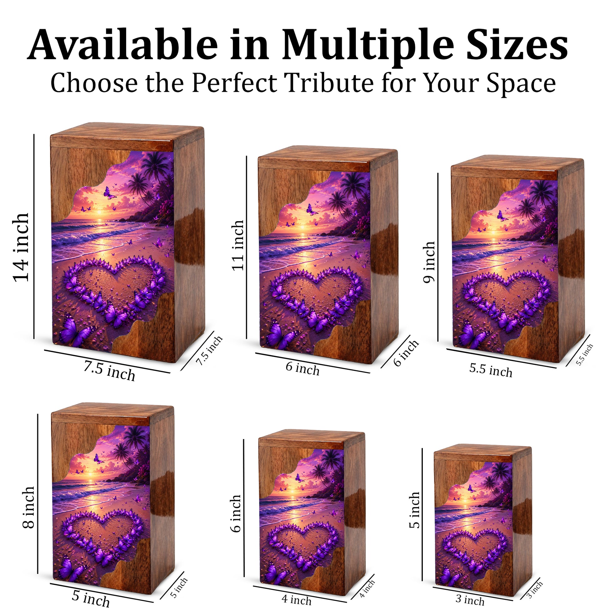 Purple Butterfly Beach Wooden Cremation Urn – Sunset Memorial Urn for Mom