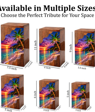 Wooden Beach Urn for Human Ashes | Palm Tree Wooden Cremation Urn | Ocean Sunset Memorial Urn