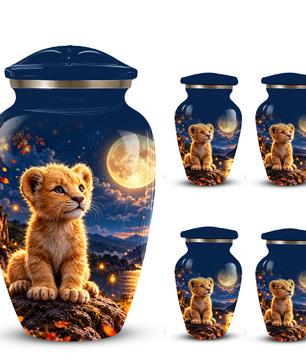Personalized Adult Cremation Urn for Ashes, Baby Lion Under Golden Moon Memorial Urn