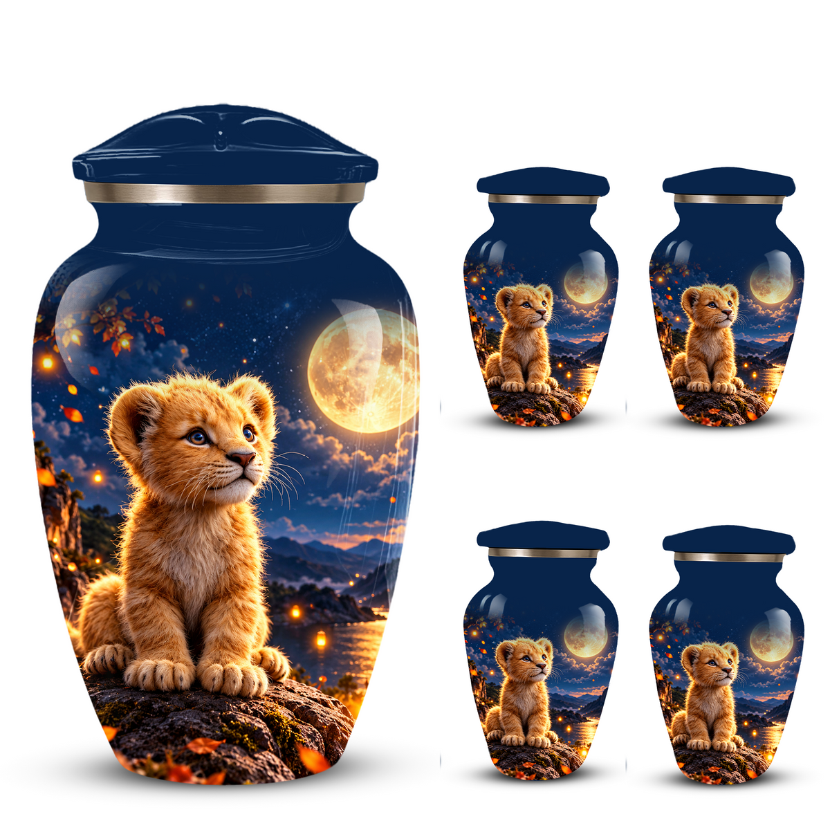 Personalized Adult Cremation Urn for Ashes, Baby Lion Under Golden Moon Memorial Urn