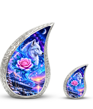 Wolf Adult Cremation Urn for Human Ashes, White Wolf and Pink Rose Memorial Urn