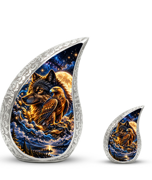 Wolf and Eagle Cremation Urn for Ashes, Wildlife Adult Memorial Urn, Celestial Animal Design