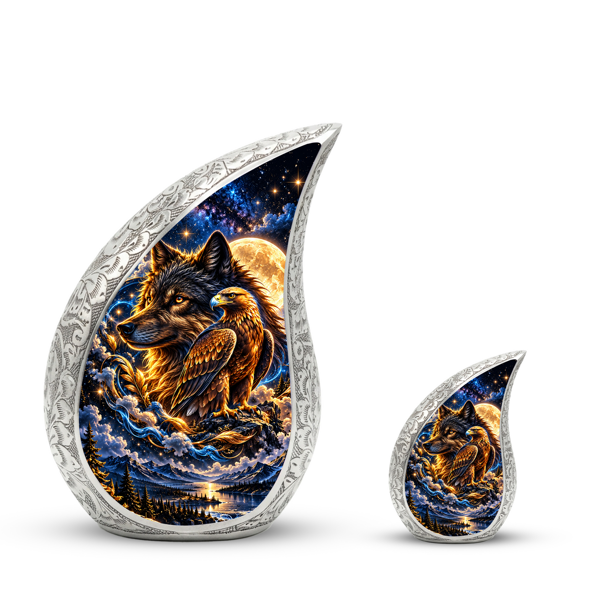 Wolf and Eagle Cremation Urn for Ashes, Wildlife Adult Memorial Urn, Celestial Animal Design