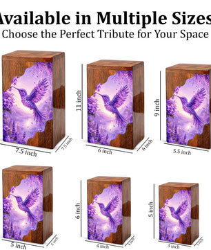 Hummingbird Cremation Urn for Mom | Purple Floral Wooden Urn for Human