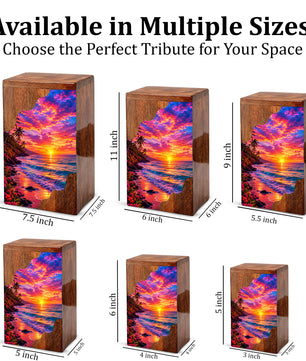 Sunset Beach Wooden Cremation Urn – Ocean Sunset Memorial Urn for Human Ashes