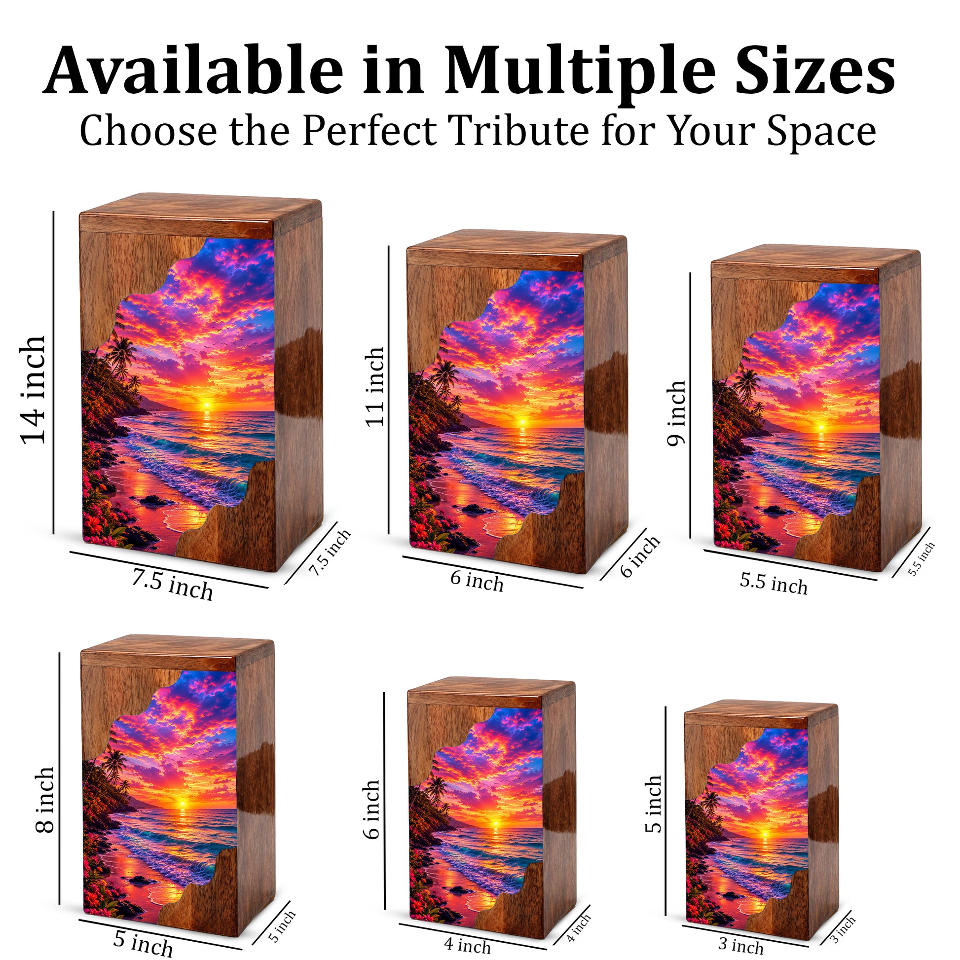 Sunset Beach Wooden Cremation Urn – Ocean Sunset Memorial Urn for Human Ashes