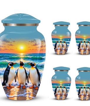 , Penguin Beach Sunset Memorial Urn, Ocean-Themed Urn for Human Ashes