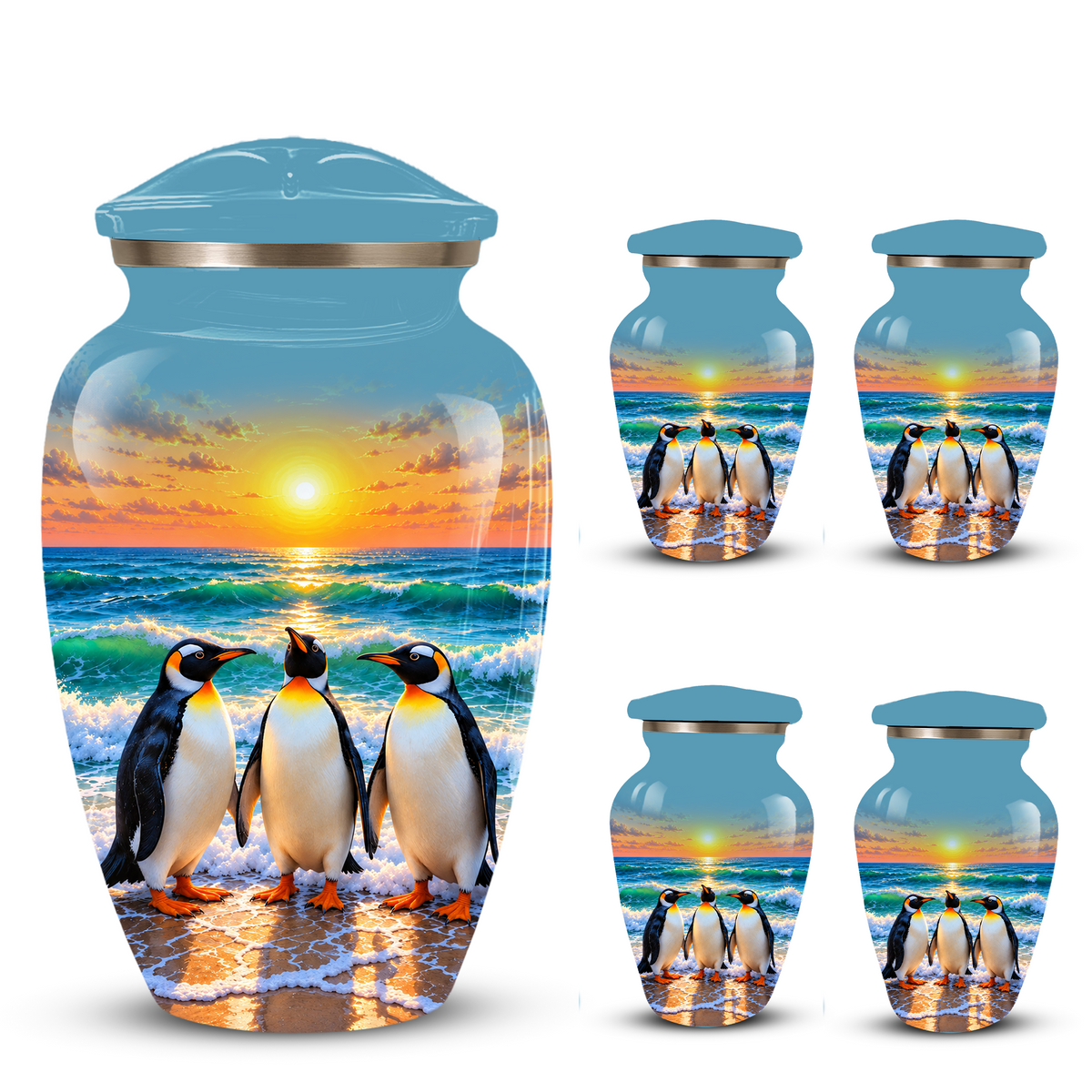 , Penguin Beach Sunset Memorial Urn, Ocean-Themed Urn for Human Ashes