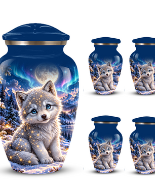 Celestial White Wolf Cremation Urn for Adult Ashes – Magical Winter Memorial Urn