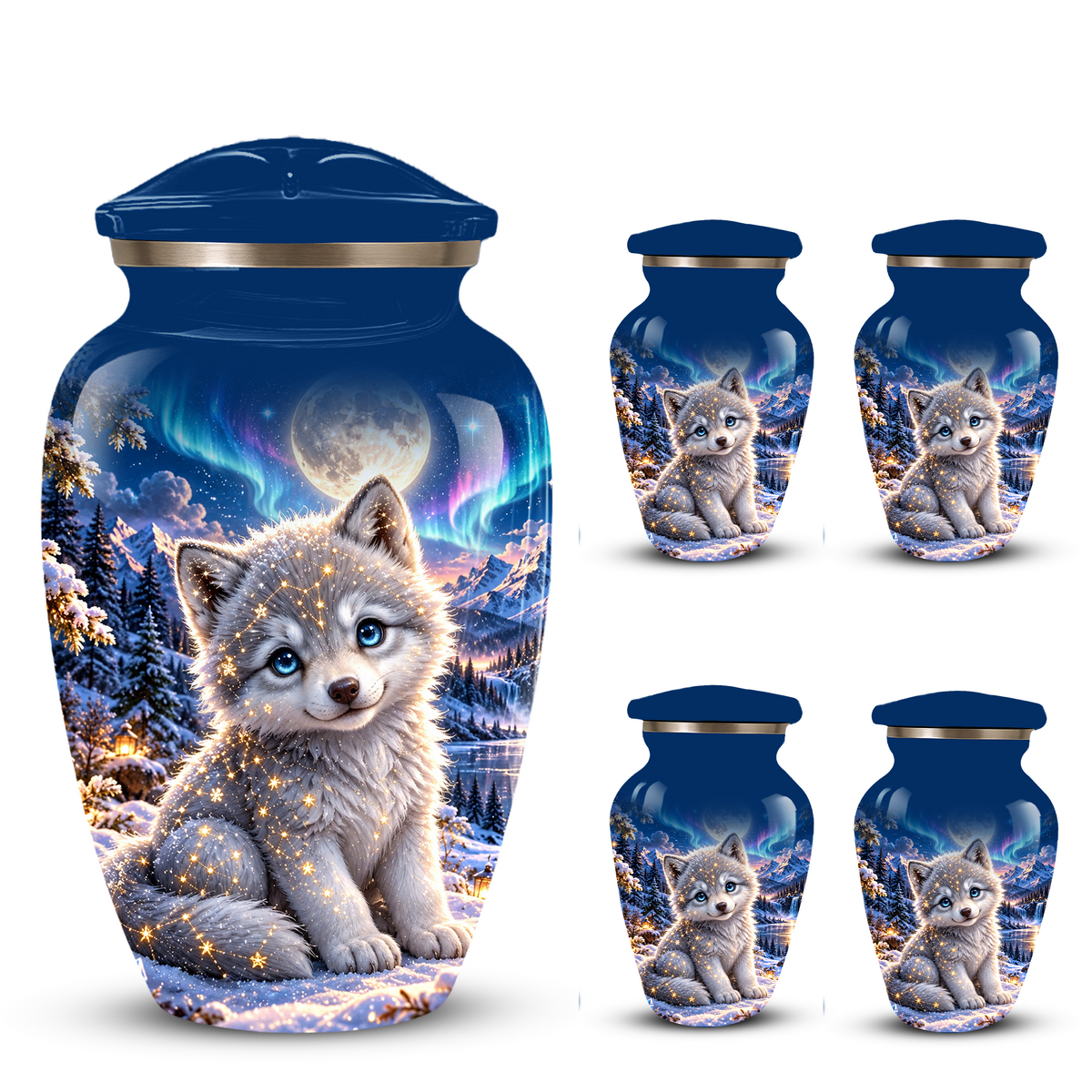 Celestial White Wolf Cremation Urn for Adult Ashes – Magical Winter Memorial Urn