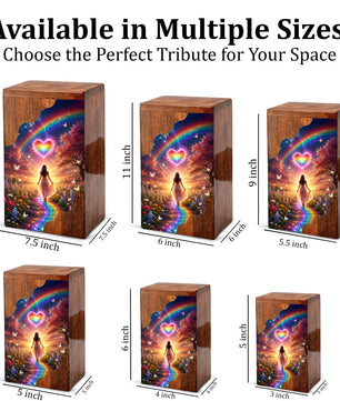 Rainbow Heart Wooden Cremation Urn – Celestial Rainbow Memorial Wooden Urn for Human Ashes
