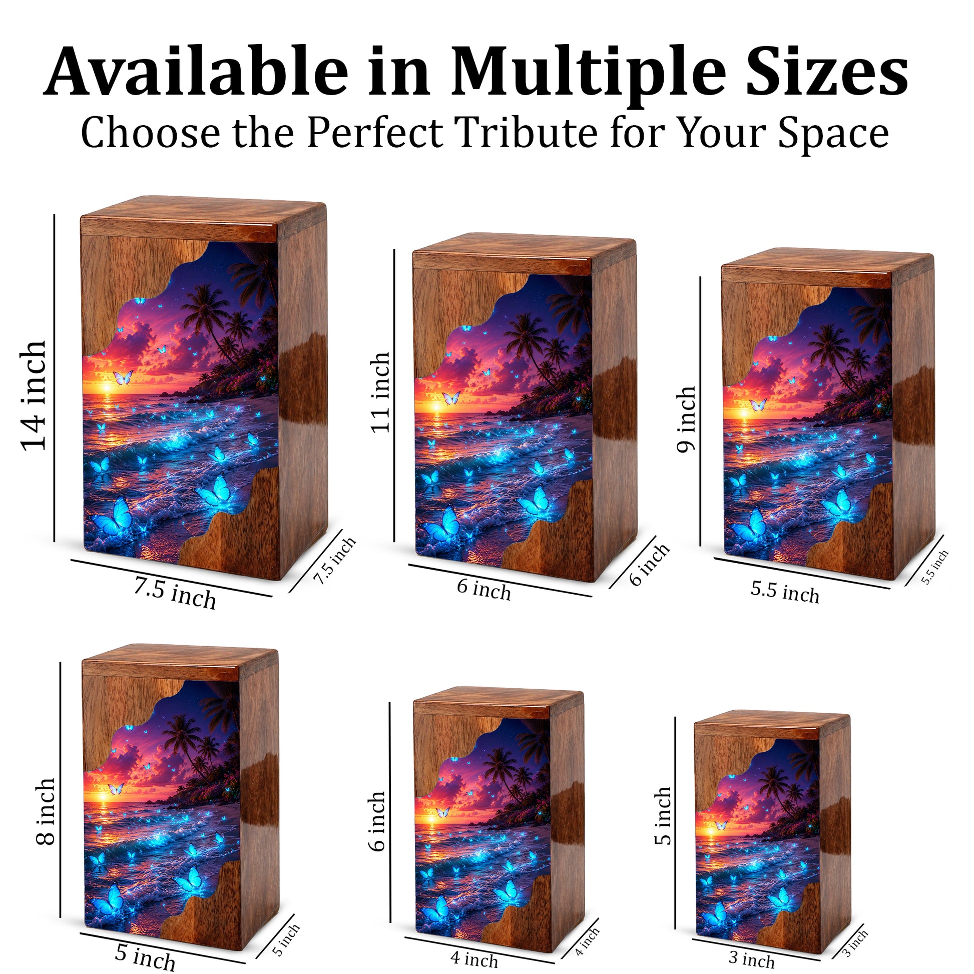 Butterfly Beach Wooden Cremation Urn – Sunset Ocean Memorial Urn for Mom