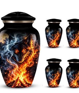 Personalized Adult Cremation Urn for Ashes, Fiery Wolf Memorial Urn, Black Wolf Cremation Urn