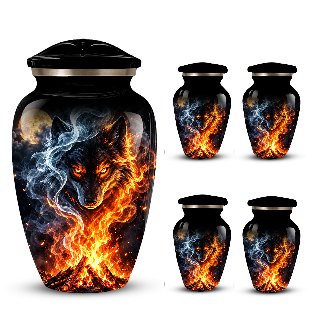 Personalized Adult Cremation Urn for Ashes, Fiery Wolf Memorial Urn, Black Wolf Cremation Urn