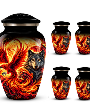 Phoenix and Wolf Cremation Urn for Adult Ashes, Fiery Red Phoenix and Wolf Adult Urn for Human Ashes