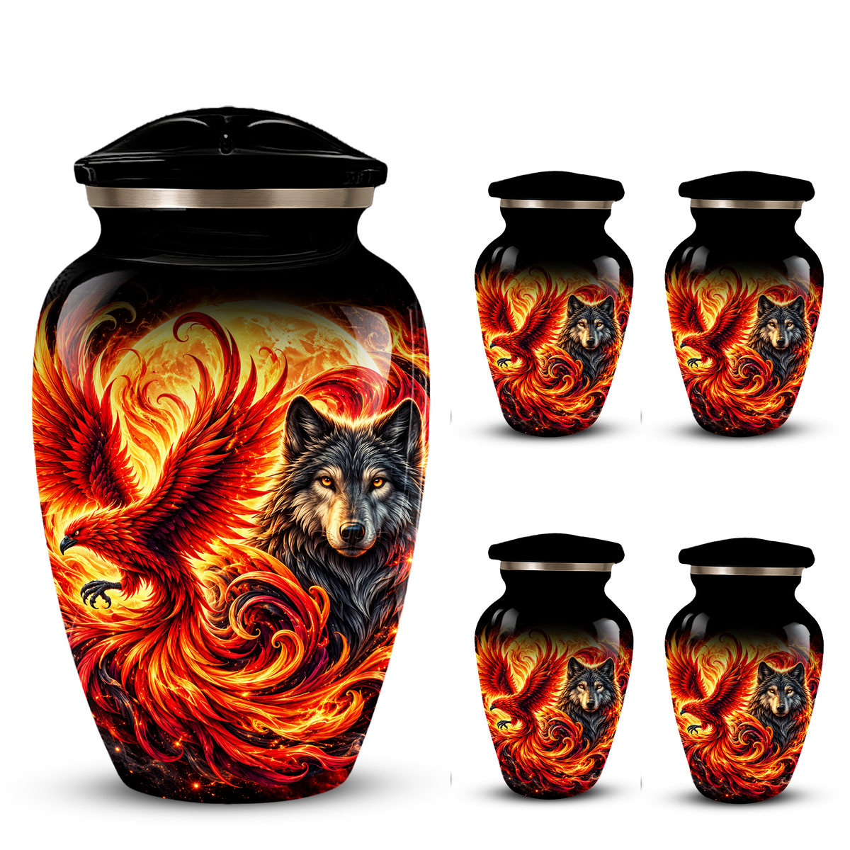 Phoenix and Wolf Cremation Urn for Adult Ashes, Fiery Red Phoenix and Wolf Adult Urn for Human Ashes