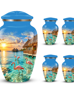Adult Cremation Urn for Ashes, Personalized Aluminum Adult Urn, Tropical Beach Flamingo Memorial Urn