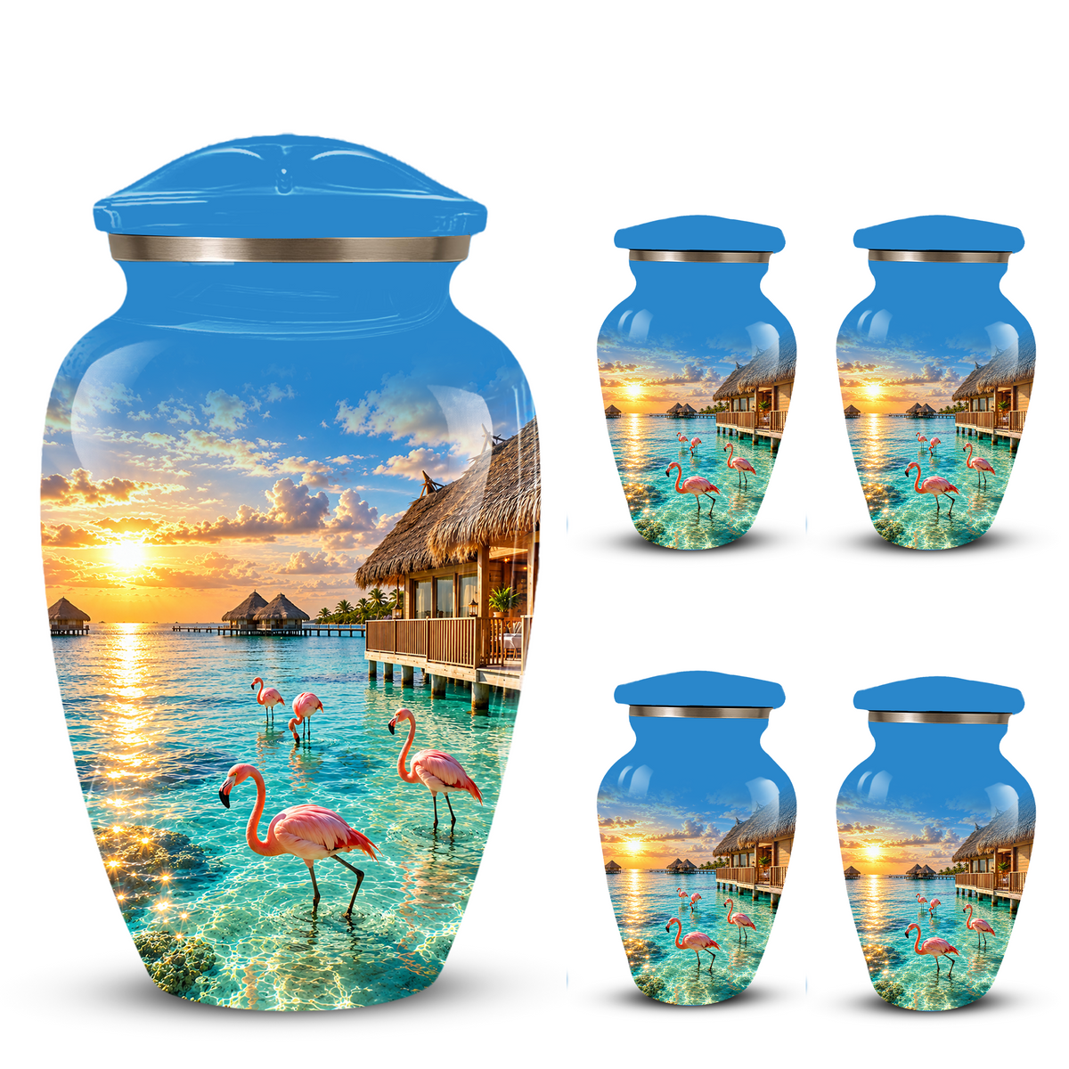 Adult Cremation Urn for Ashes, Personalized Aluminum Adult Urn, Tropical Beach Flamingo Memorial Urn