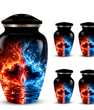 Red and Blue Heart Cremation Urn for Adult Ashes, Personalized Memorial Urn with Fire and Water Design