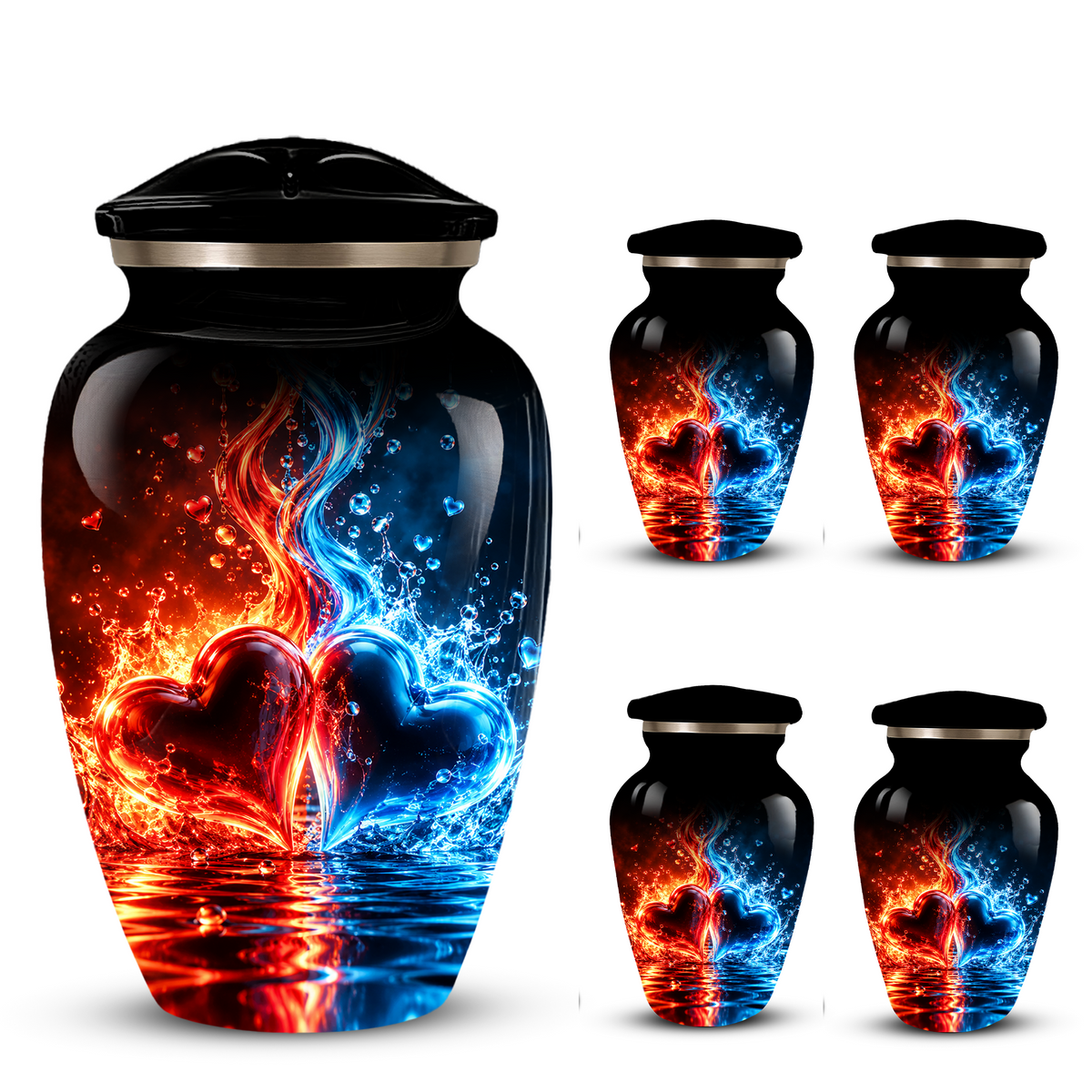 Red and Blue Heart Cremation Urn for Adult Ashes, Personalized Memorial Urn with Fire and Water Design