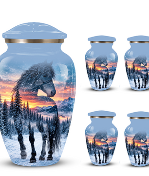 Snowy Horse Cremation Urn for Adult Ashes, Black Horse in Winter Forest Memorial Urn, Personalized Urn for Human Ashes