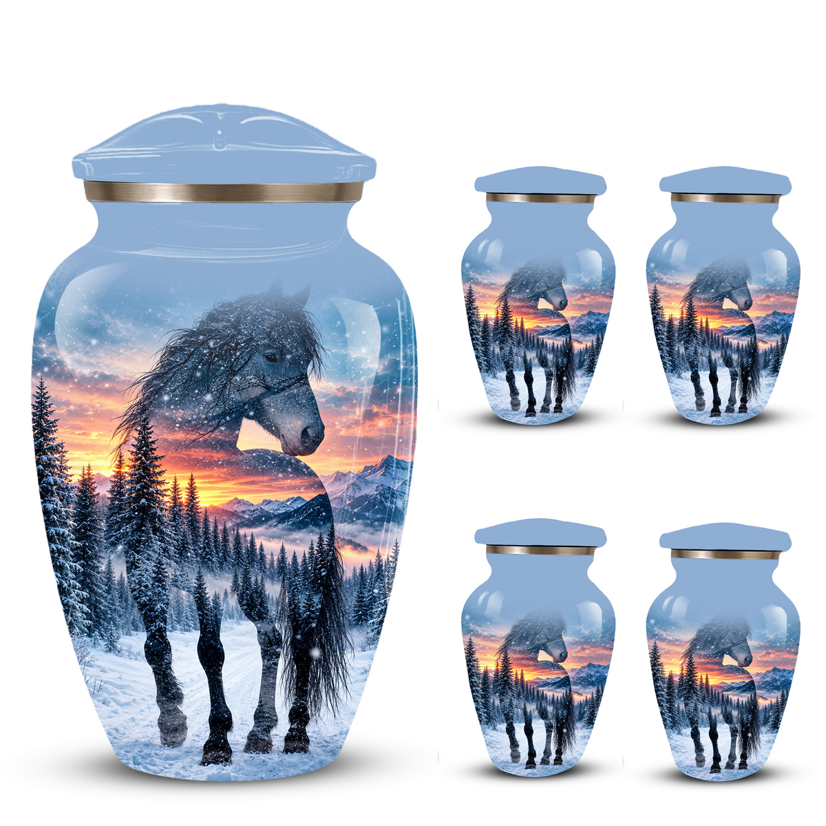 Snowy Horse Cremation Urn for Adult Ashes, Black Horse in Winter Forest Memorial Urn, Personalized Urn for Human Ashes