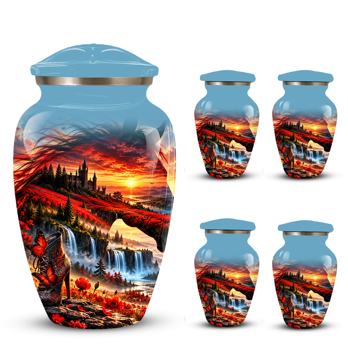 Personalized Fantasy Cremation Urn for Ashes, Red Butterfly Castle Memorial Urn, Custom Adult Urn