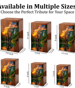 Elephant Wooden Cremation Urn – Waterfall Memorial Urn for Human Ashes