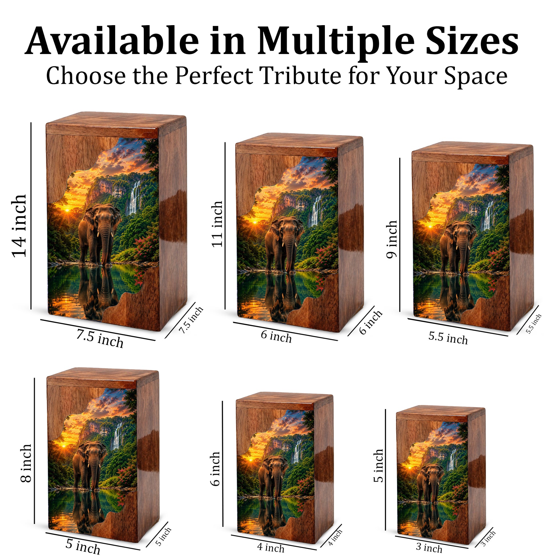 Elephant Wooden Cremation Urn – Waterfall Memorial Urn for Human Ashes
