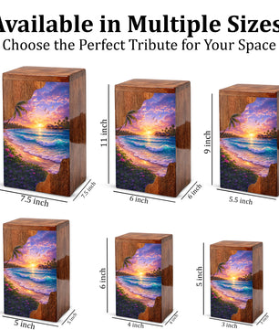 Beach Wooden Cremation Urn – Ocean Sunset Memorial Urn with Tropical Coastal Design