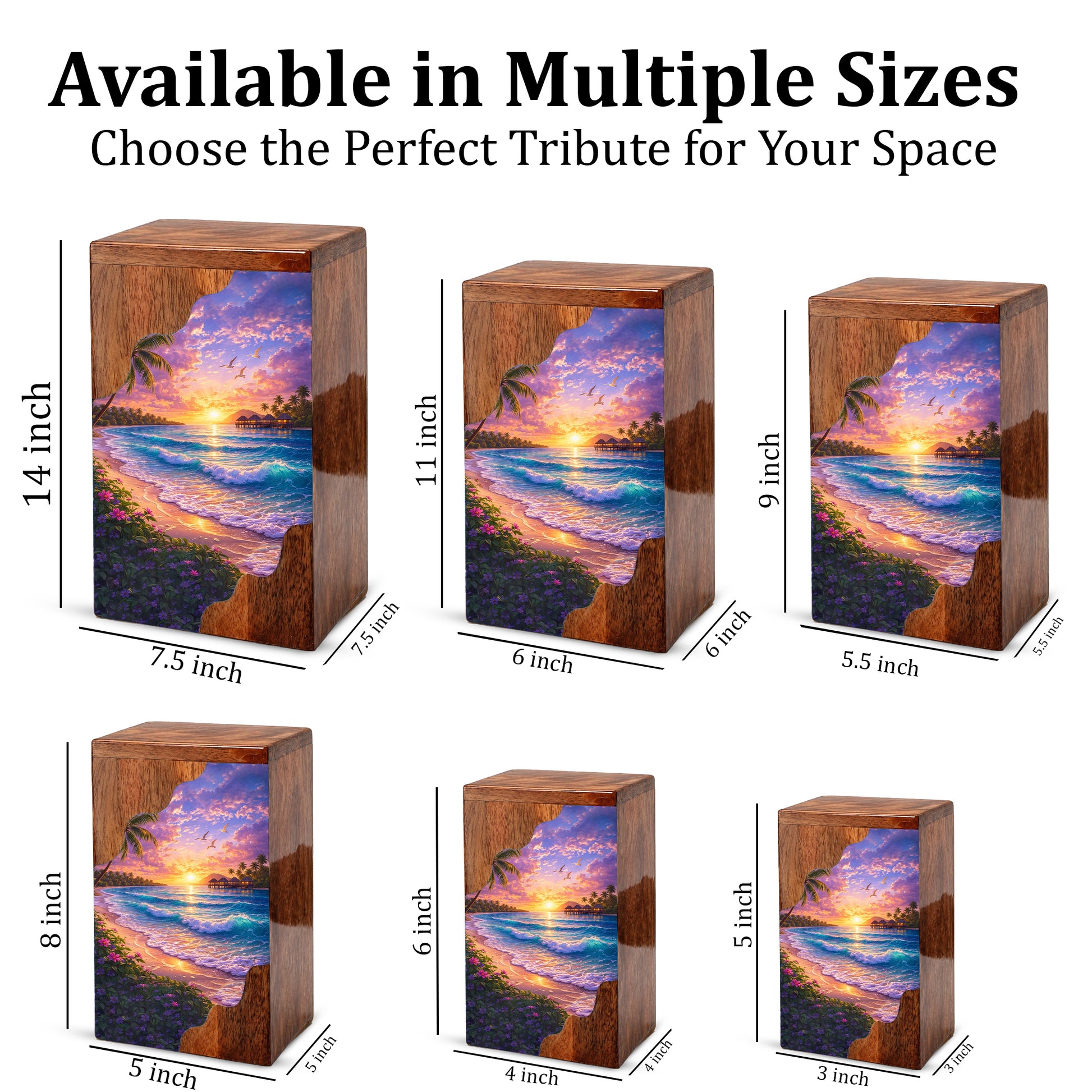 Beach Wooden Cremation Urn – Ocean Sunset Memorial Urn with Tropical Coastal Design