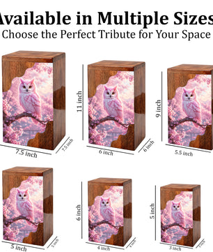 Pink Owl Wooden Cremation Urn – Cherry Blossom Memorial Urn