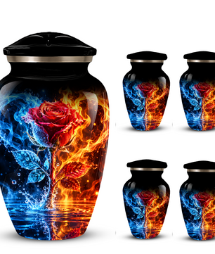 Red Rose Cremation Urn for Adult Ashes – Blue and Orange Flame Memorial Urn