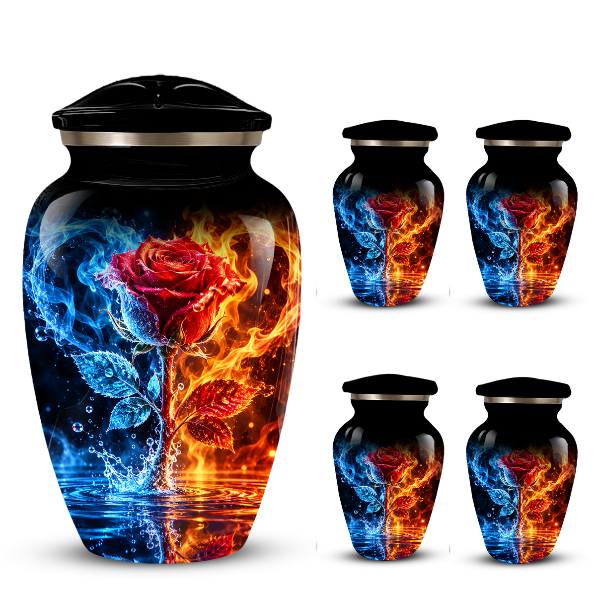 Red Rose Cremation Urn for Adult Ashes – Blue and Orange Flame Memorial Urn