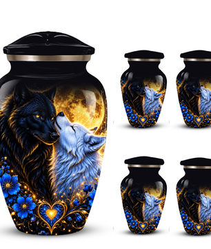 Personalized Wolf Cremation Urn for Ashes, Black and White Wolf Memorial Urn, Blue Floral Adult Urn, Custom Adult Urn