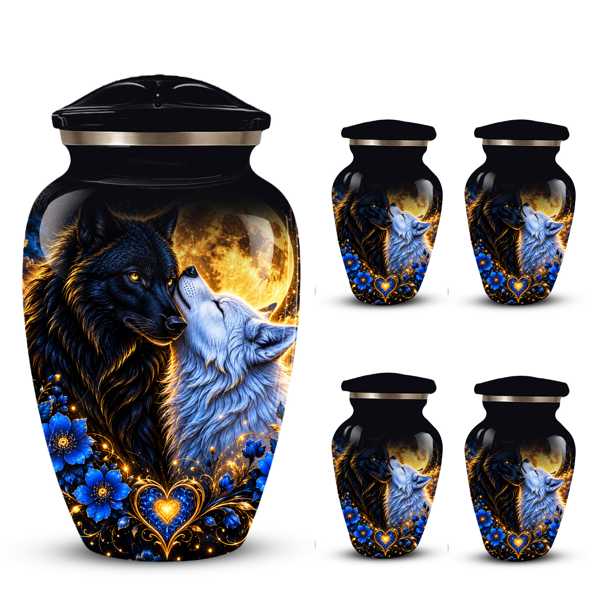 Personalized Wolf Cremation Urn for Ashes, Black and White Wolf Memorial Urn, Blue Floral Adult Urn, Custom Adult Urn