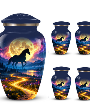 Personalized Adult Cremation Urn for Ashes, Black Horse Under Golden Moon Memorial Urn