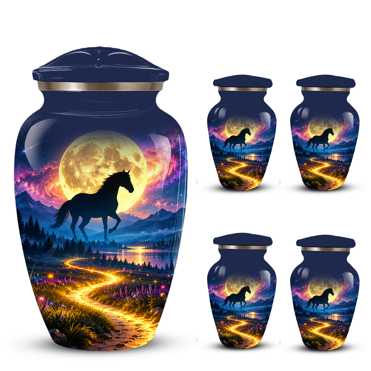 Personalized Adult Cremation Urn for Ashes, Black Horse Under Golden Moon Memorial Urn