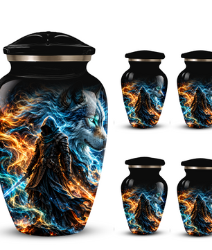 Personalized Adult Cremation Urn for Ashes, Custom Wolf Memorial Urn, Fantasy Warrior Blue and Orange Flame Artwork