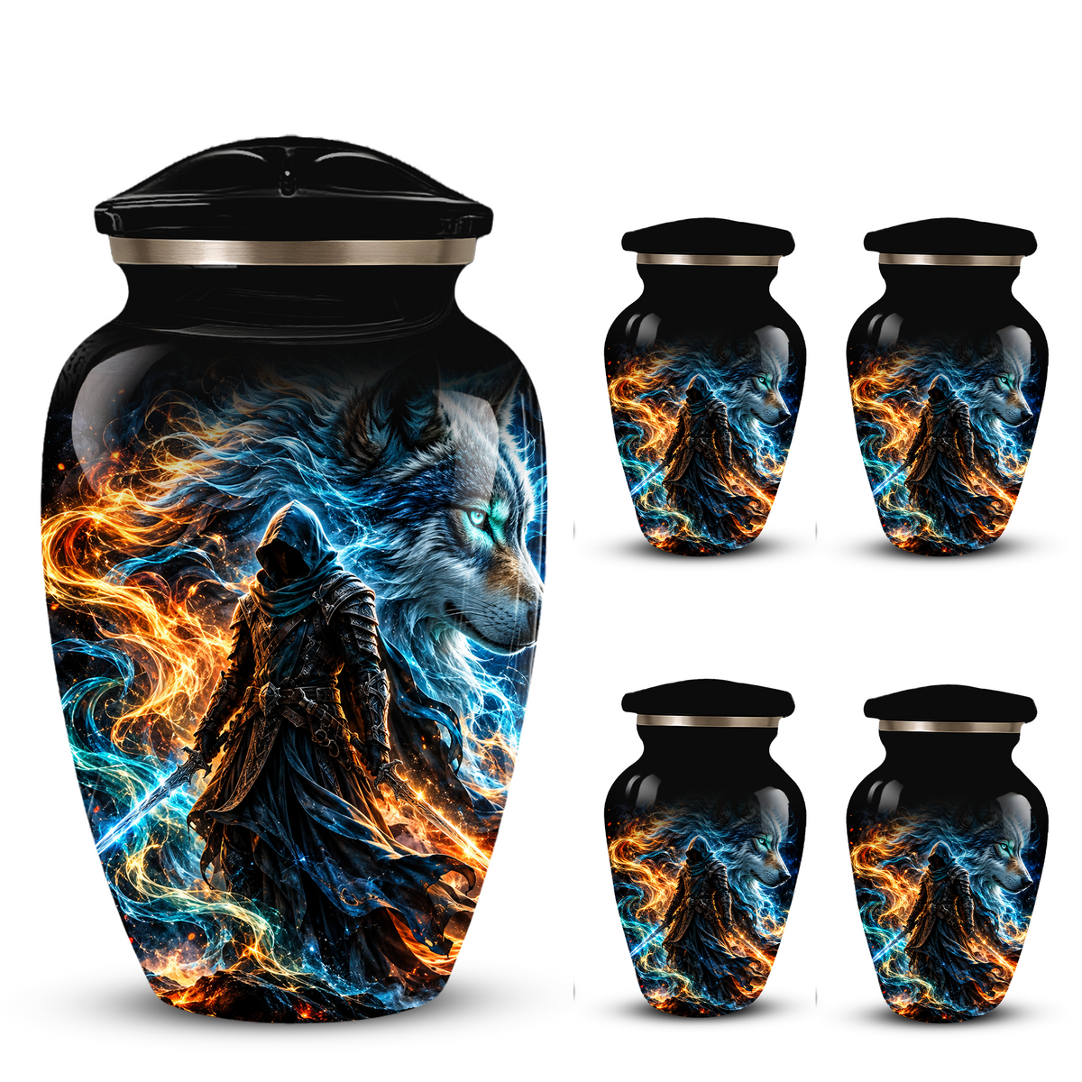 Personalized Adult Cremation Urn for Ashes, Custom Wolf Memorial Urn, Fantasy Warrior Blue and Orange Flame Artwork